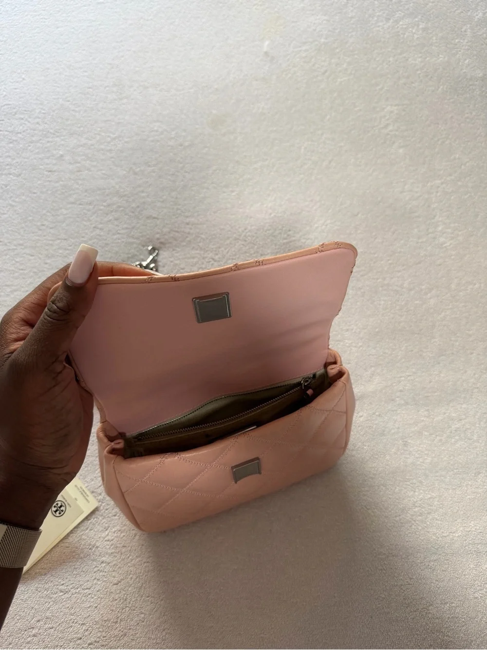 Tory Burch Blush Pink Quilted Leather Top Handle Crossbody Bag